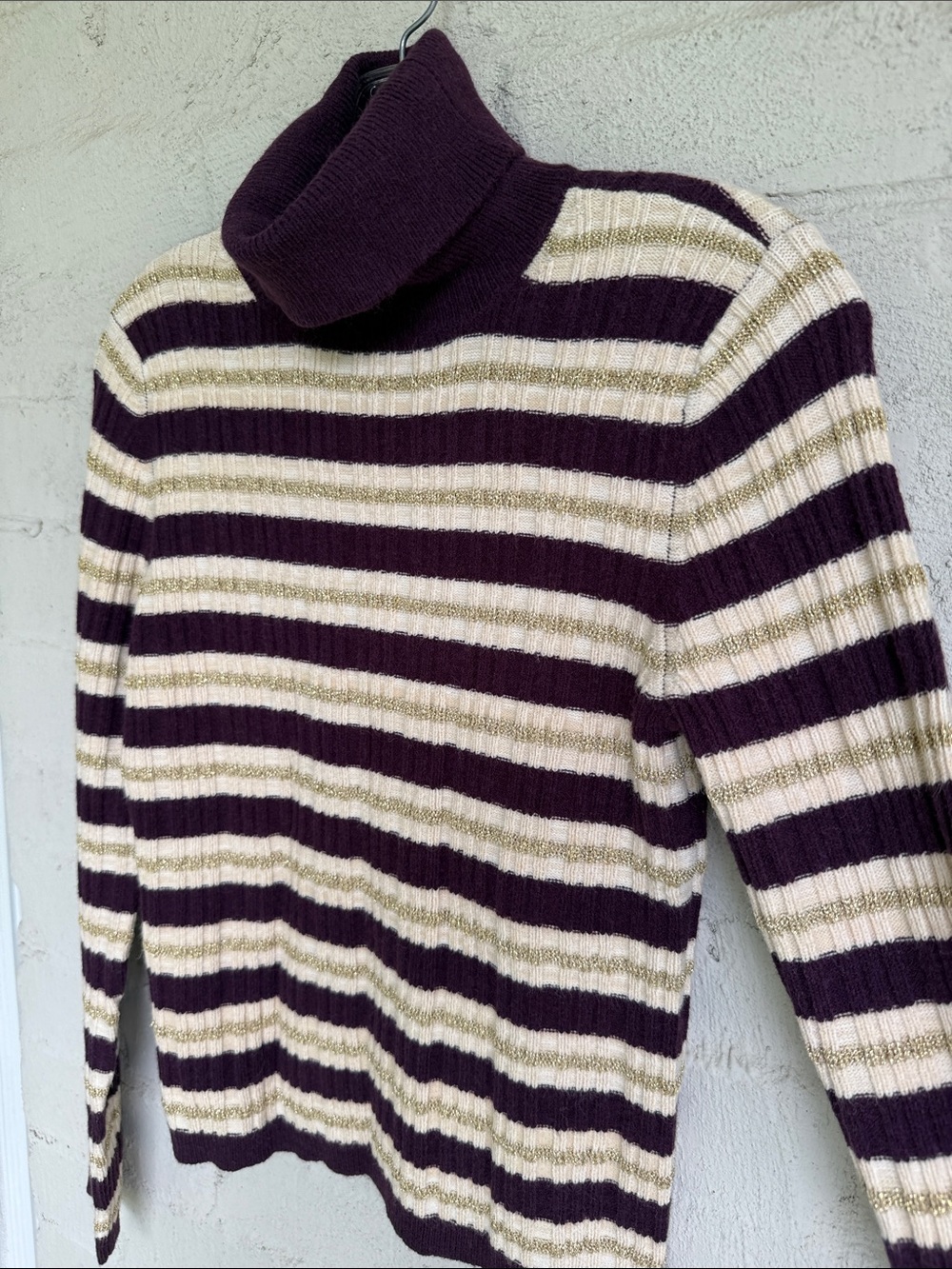 NWT Ann Taylor Purple/Gold Striped Ribbed Knit Turtleneck Sweater Size Small - Picture 5 of 11